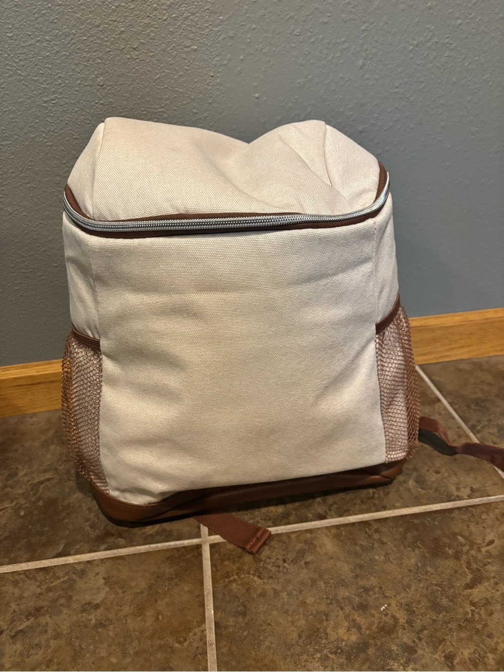 Canvas Travel Cooler Backpack in Cream and Brown